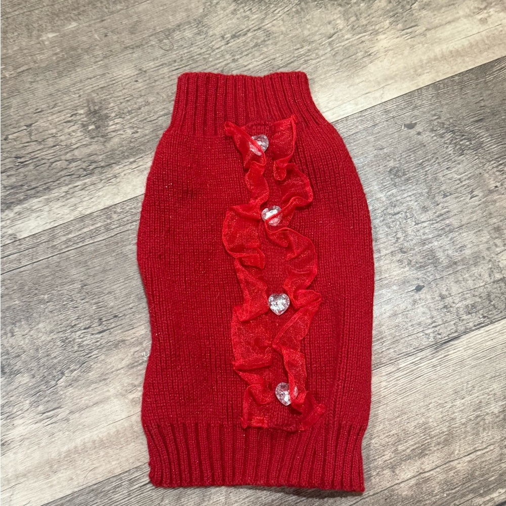 Red Dog Sweater with Ruffle and Gem Accents